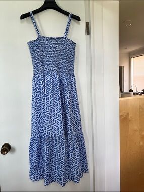 Ripe Blue and White Leaf-Print Smocked Maxi Dress